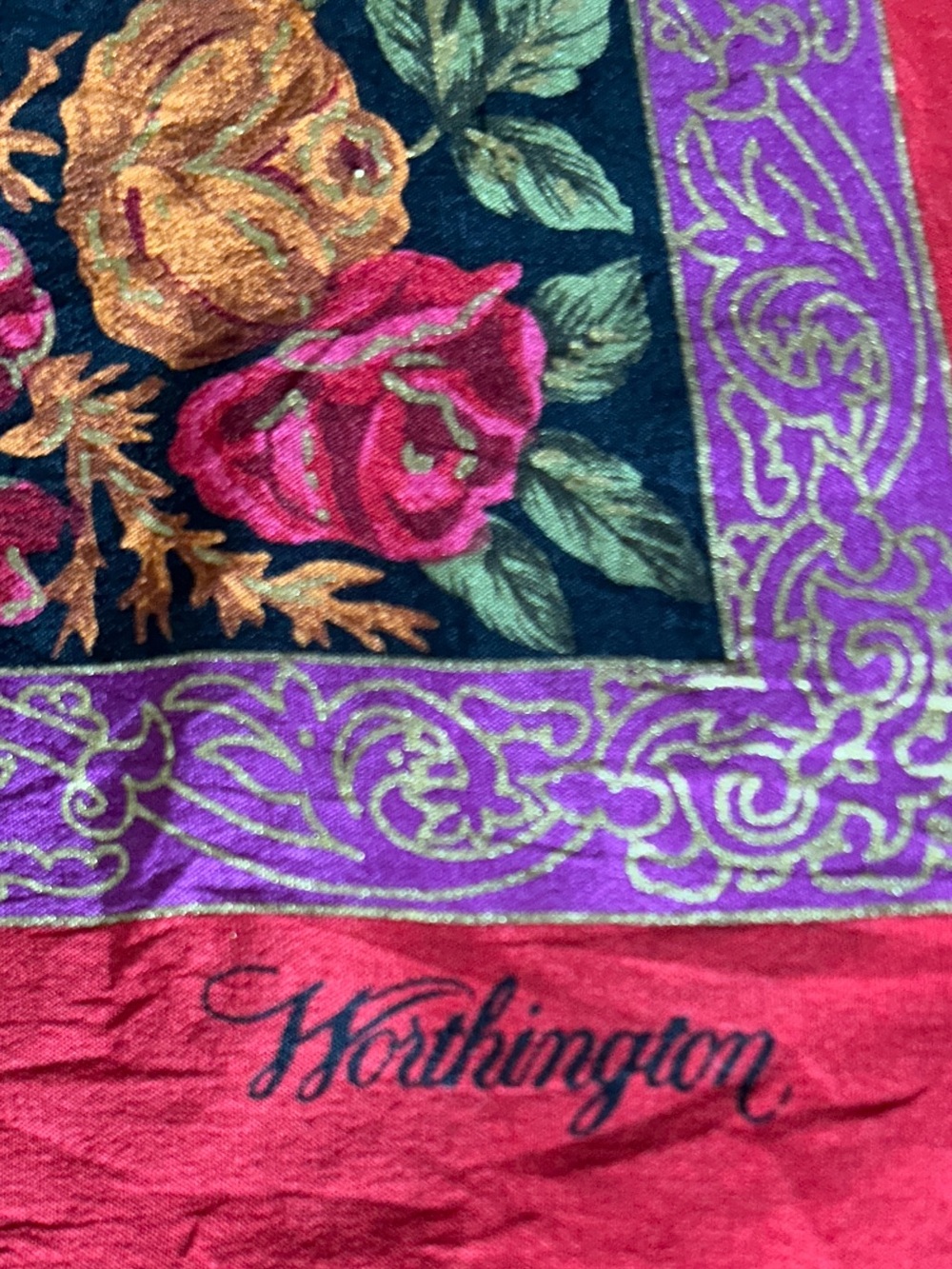 Worthington Red, Purple and Gold Floral Scarf 30“ x 30“ colorful